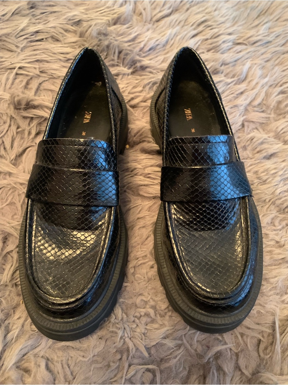Zara Black Faux Snakeskin Loafers with Penny Strap